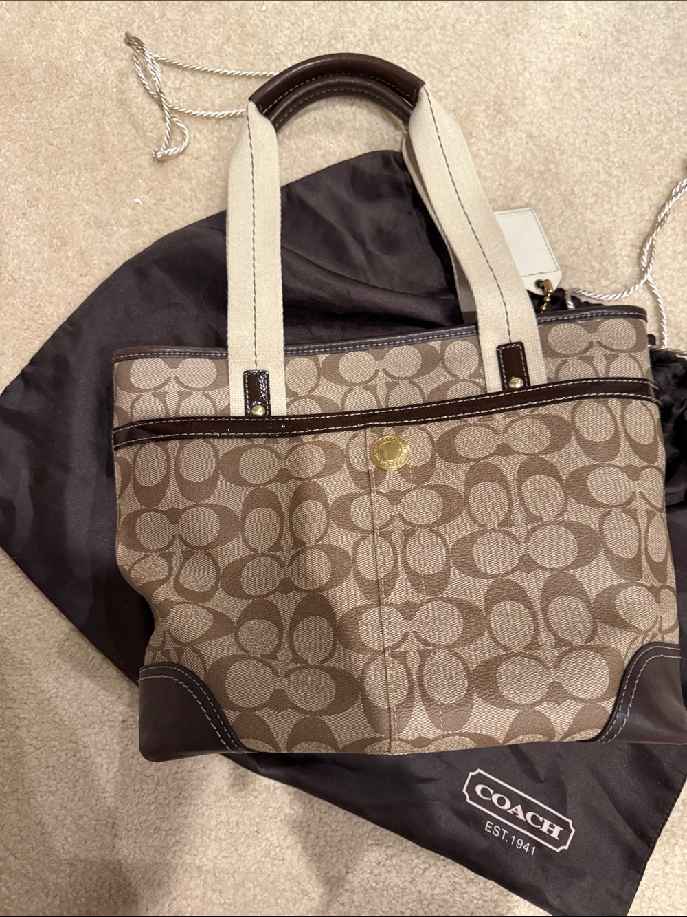 COACH Brown Signature Canvas Tote with Red Logo Accent - Picture 8 of 8
